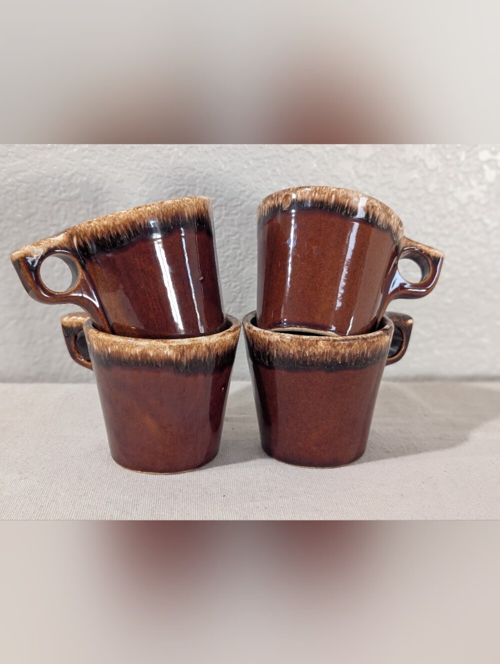 4 Vintage Hull Pottery Oven Proof USA Brown Drip Glaze Coffee Mugs MCM 60s 70s